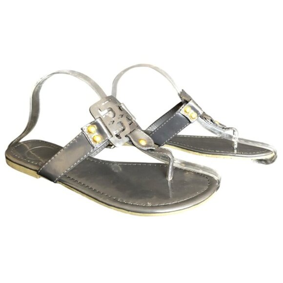 Tory Burch Miller Sandals Gunmetal Leather Thong Size 7 Metallic - Picture 11 of 15